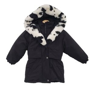 Vintage 90s OUTBROOK Kids Black Cow Print Hooded Winter Jacket Size 6